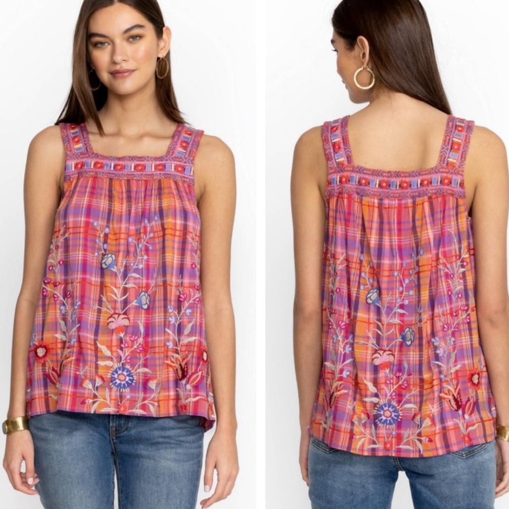 Johnny Was Workshop Embroidered Plaid Sleeveless Top - Pink and Orange